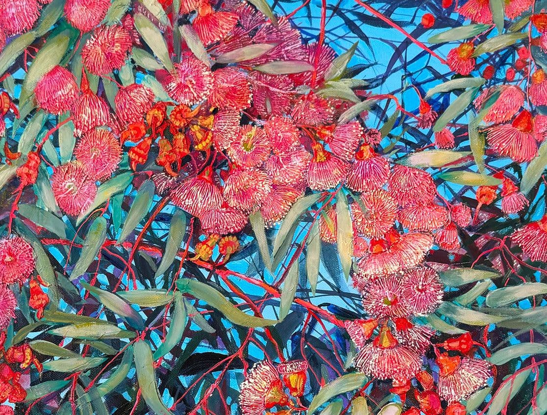 Detail of Threads of Light and Blossom (2025) by Tetiana Koldunenko, showing textured acrylic and a sculptural surface inspired by the coral gum, used as the hero image for her upcoming solo exhibition.