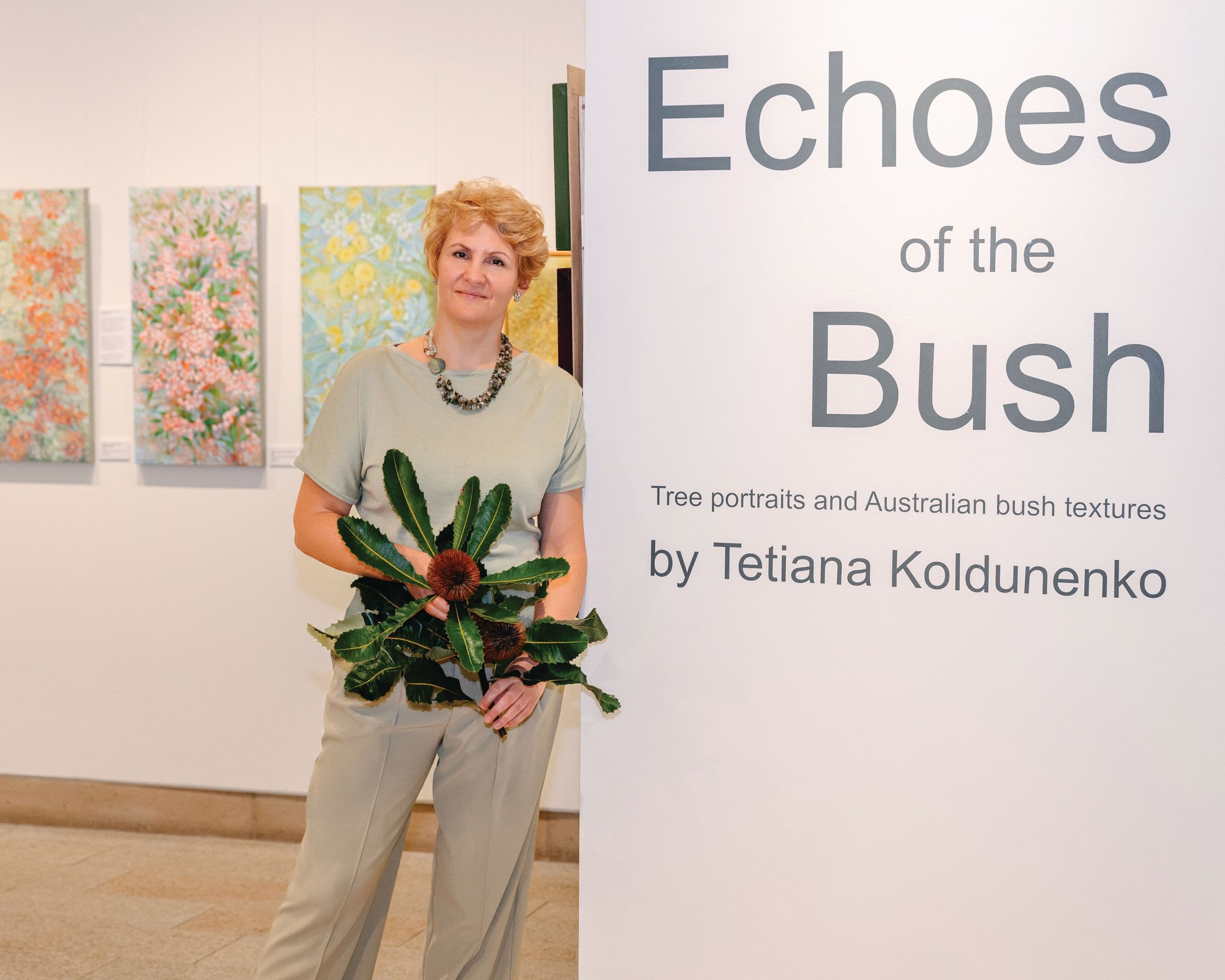 Tetiana Koldunenko at her solo exhibition Echoes of the Bush 2026