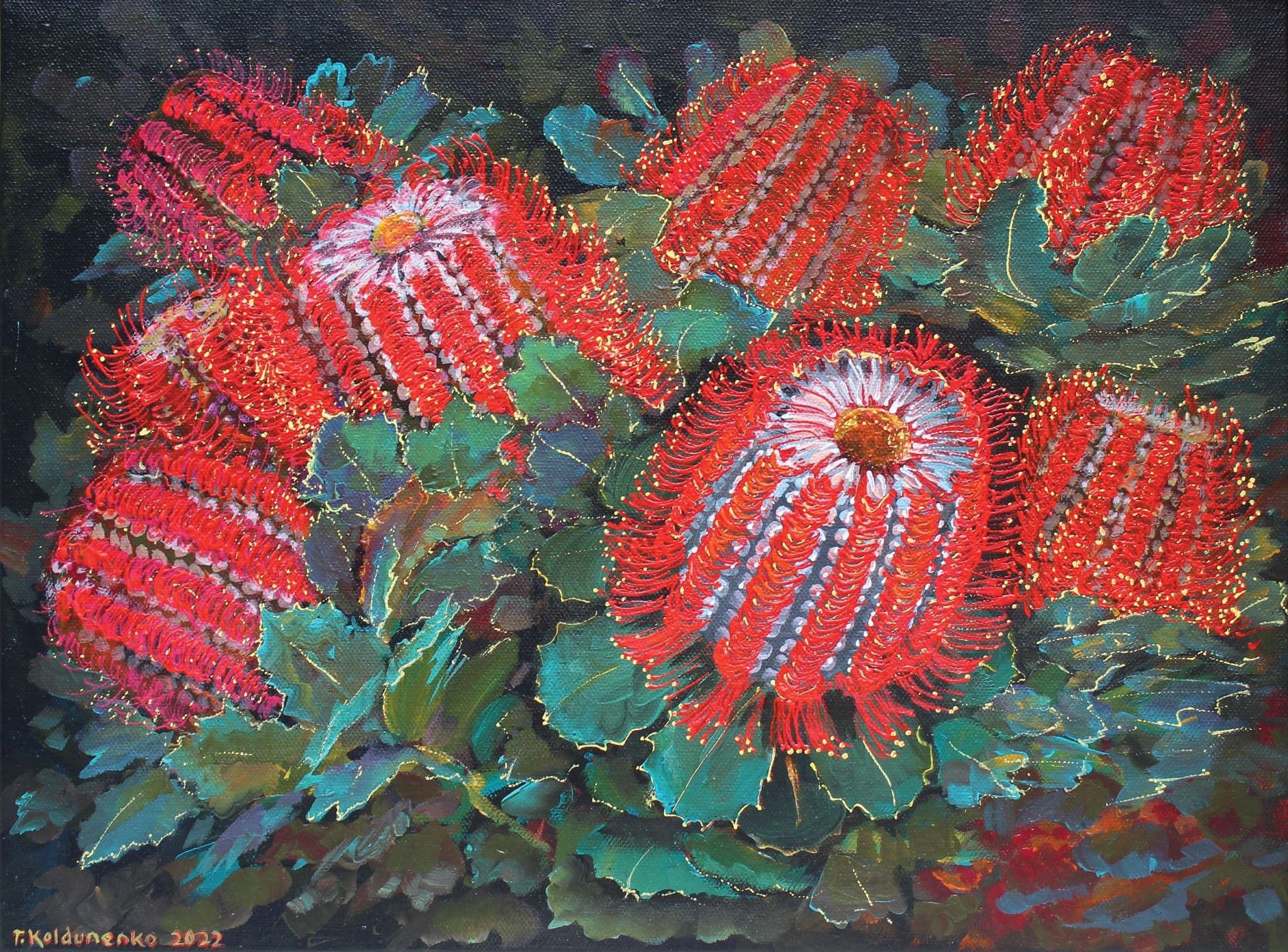 Scarlet banksia painting by contemporary Australian artist