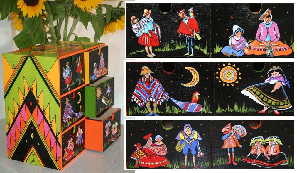 A wooden box with 9 draws in Latin American theme