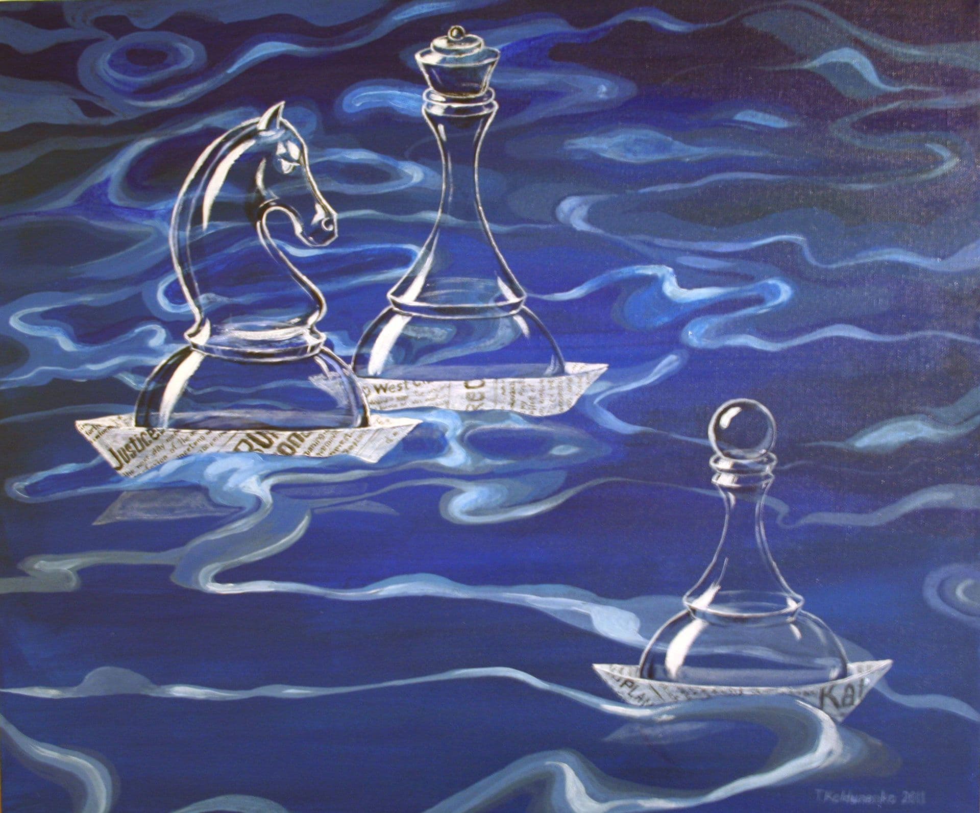 Transparent glass chess figures are floating on the dark blue water using newspaper boats as a transport. The rules of the game had changed, the surface is not black and white any more and the figures become transparent - an allegory to modern life.