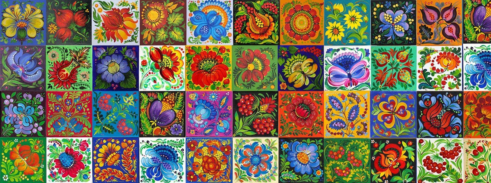 Many colourful boards with Petrykivka flowers