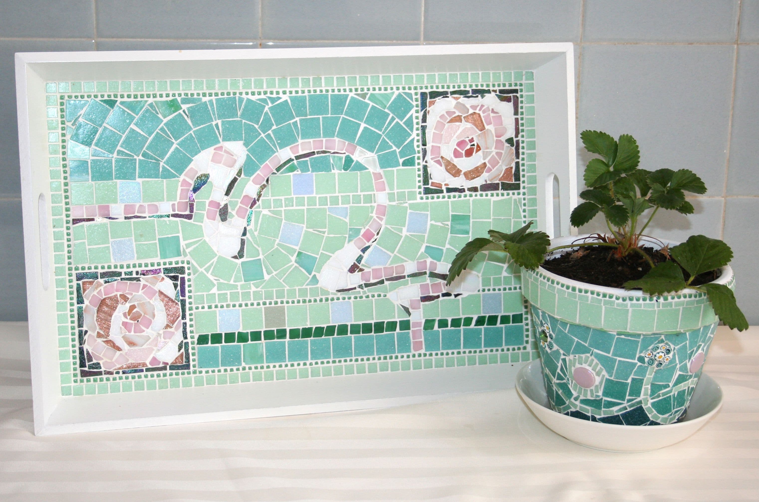 Mosaic tray and mosaic flower pot with light green and pink abstract decor