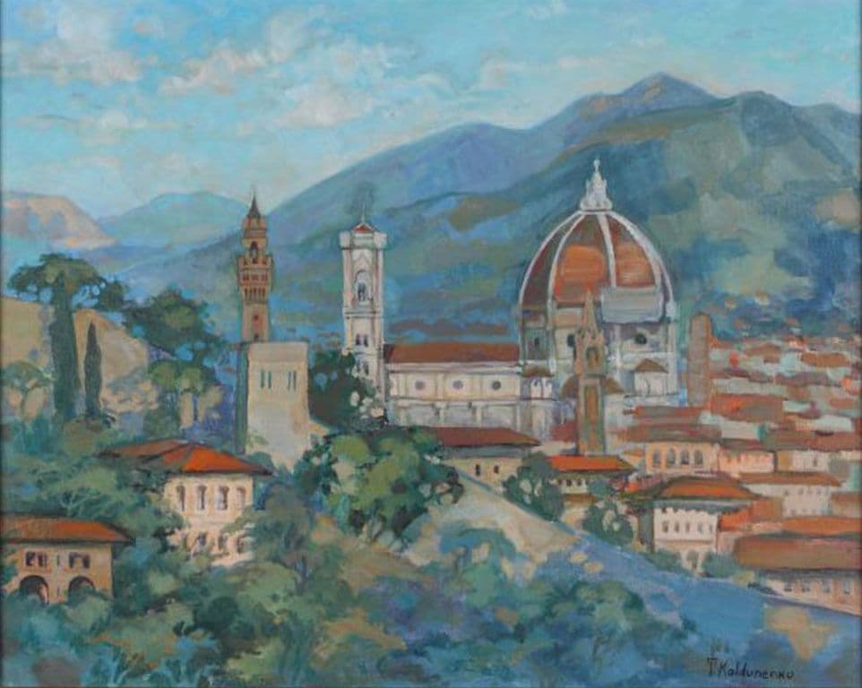 View of Florence from the hill. Red roofs against light green and blue hills. Oil painting