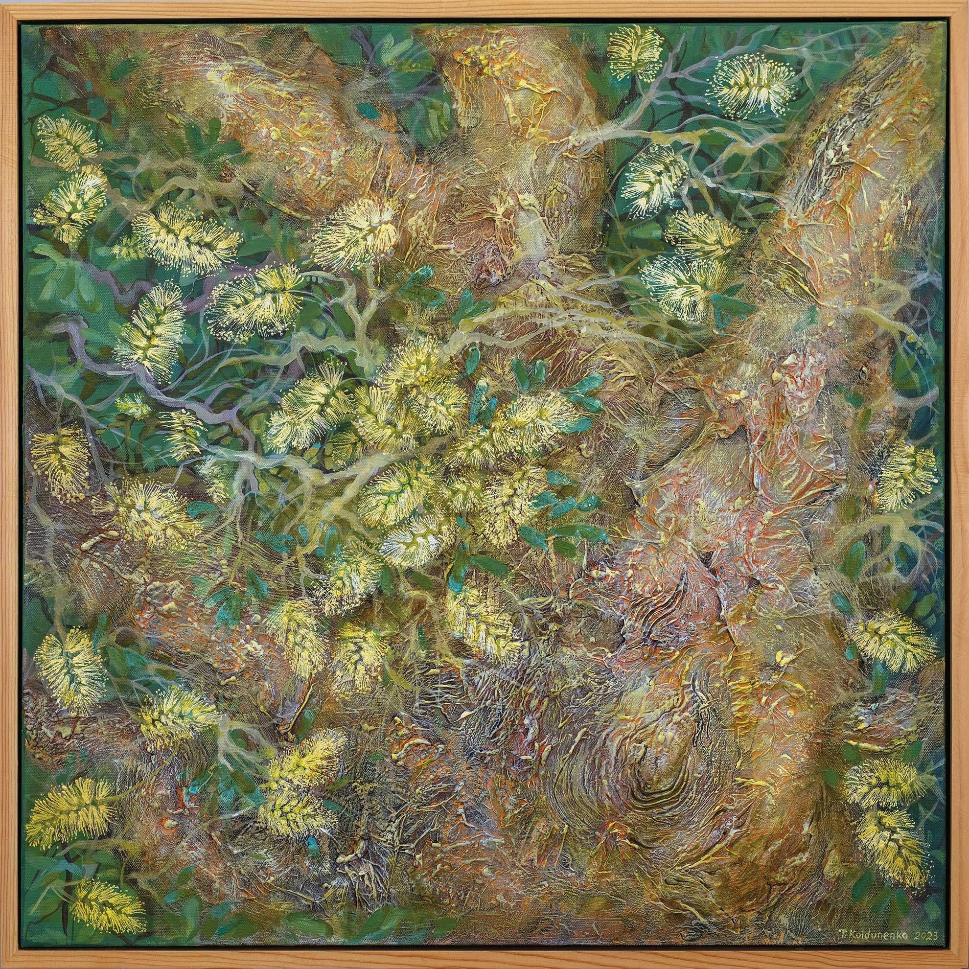Melaleuca paperbark tree in bloom Textured art by contemporary Australian artist