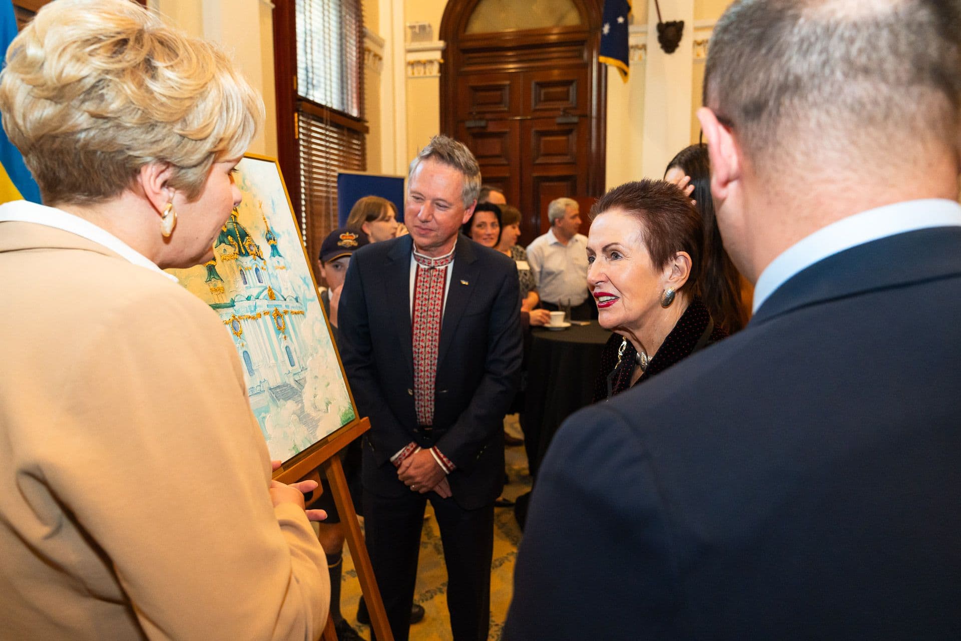 Artist talking to the Lord Mayor of Sydney Clover Moore about the artwork