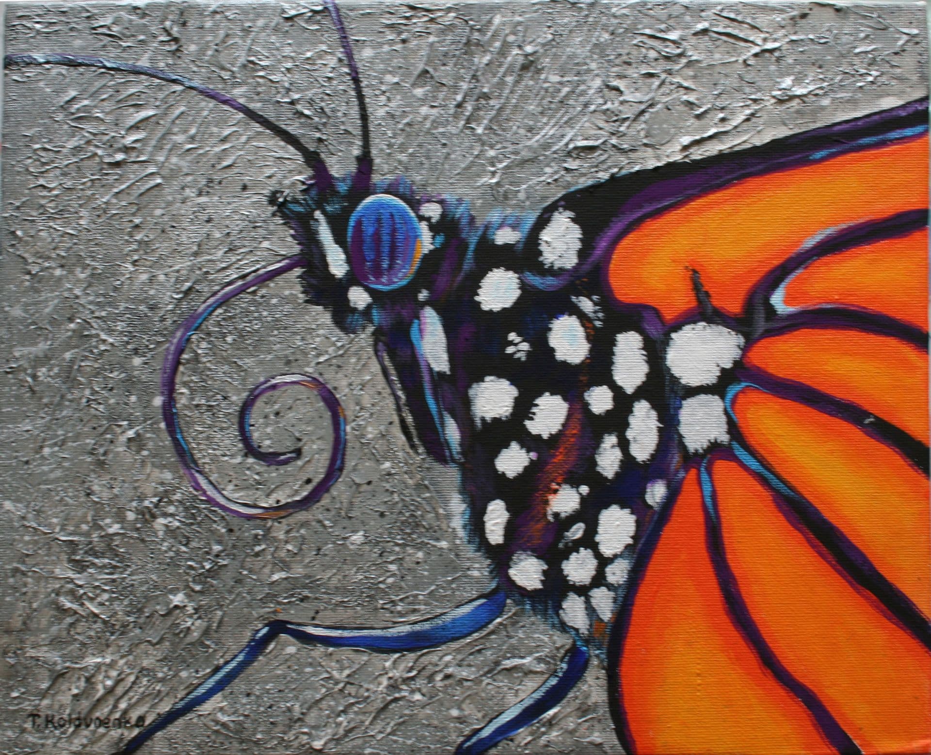 Orange Butterfly close up look on silver textured background, made in acrylic and texture paste