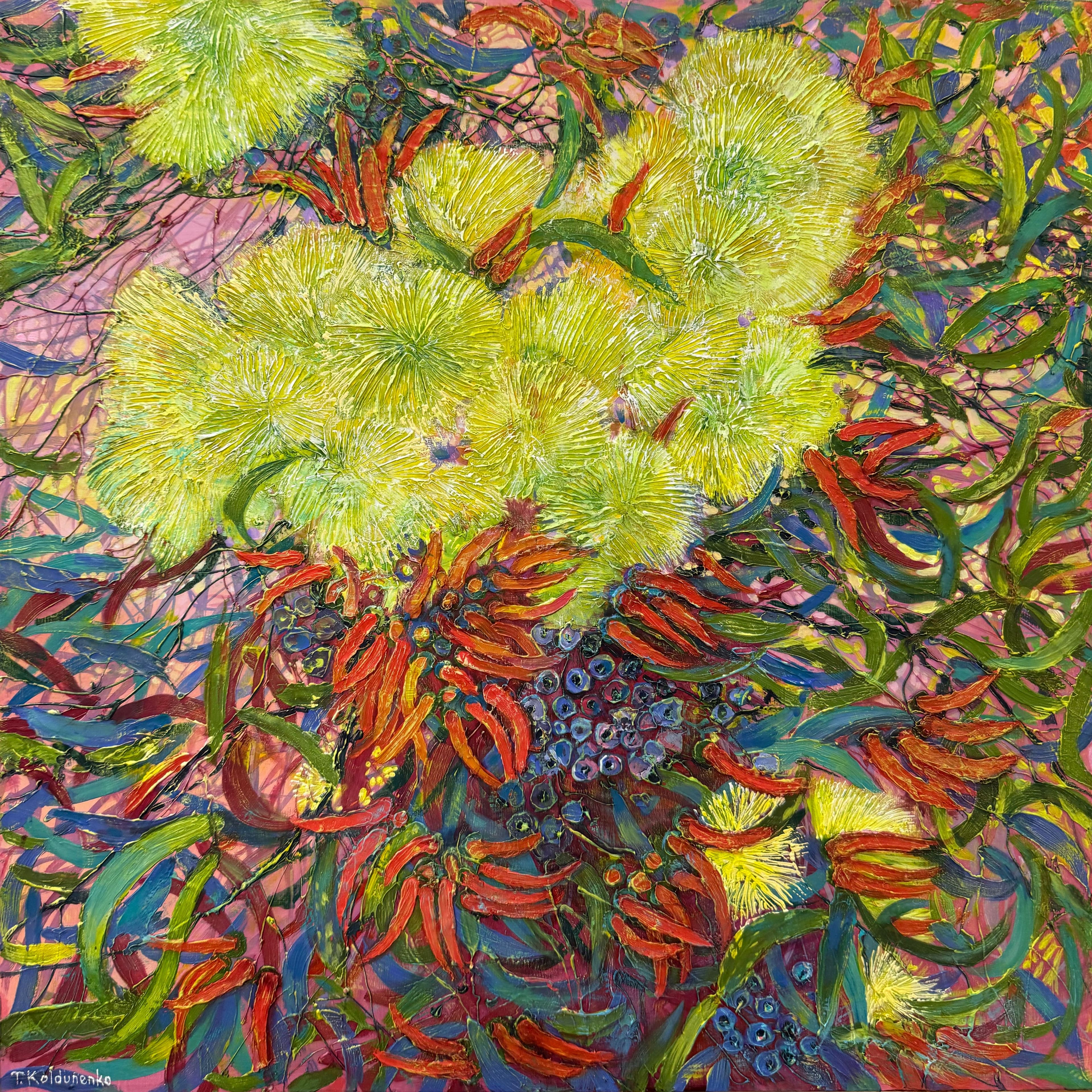 Detail of What the Red Caps Hide: Lime Bloom (2026) by Tetiana Koldunenko, showing textured acrylic and a sculptural surface inspired by the Eucalyptus macrandra.
