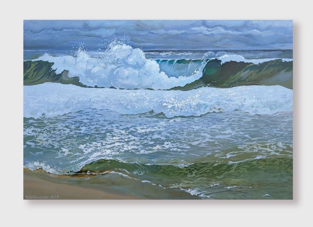 Sage green artwork of the wave crushing on the beach
